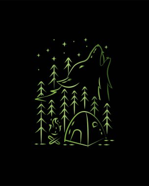 camping ground and wolf illustration in green color, badge vector, mono line art vector, T-shirt Tee Design clipart