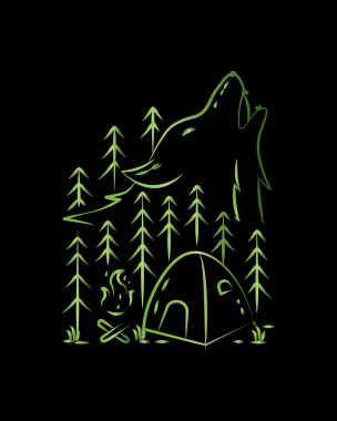 Kamp ateşi ve tek çizgi sanatı, rozet vektör illüstrasyonu, tişört sanatı, tasarım vektörü.