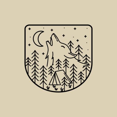 Camping ground and wolf illustration in mono line art, badge vector illustration, T-Shirt Art, Design Vector, dash effect clipart