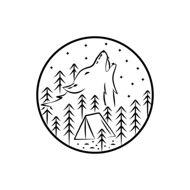 Gece kamp alanı ve kurt çizimi mono çizgisi sanatı, rozet vektör çizimi, T-Shirt sanatı, tasarım vektörü.