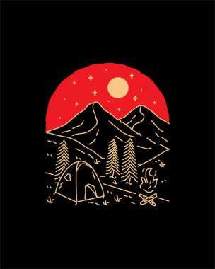 camping and mountain views on the night with many stars in mono line art vector, badge illustration, tee design, T-Shirt Design clipart