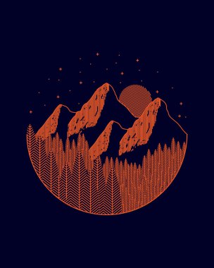 Dağ ve çamların mono çizgisi sanatı, rozet tasarımı, tişört sanatı, Tee Design