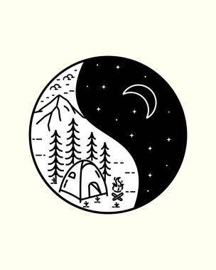 the camp in the night in yin yang concept , mono line art, patch badge design vector design, Tee design, T-Shirt Design clipart