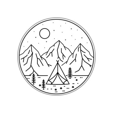 Güzel dağda mono çizgisi sanatında kamp yapmak rozet yaması grafiksel illüstrasyon vektör sanat tişörtü tasarımı