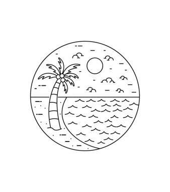 Plaj manzarası ve hindistan cevizi ağaçları mono çizgi sanatı, rozet yaması broş grafikleri, vektör sanat tişörtü tasarımı