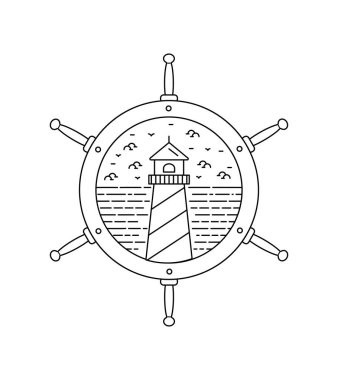 Sahildeki deniz feneri ve sahil tekeri direksiyon çerçevesi mono çizgisi sanatı, vektör sanat tişörtü tasarımı.