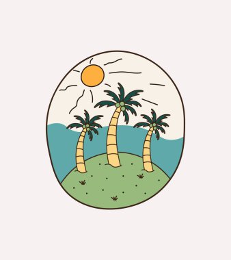 Sahil manzarası ve üç hindistan cevizi ağacı, rozet yaması iğne çizimi, vektör sanat tişörtü tasarımı