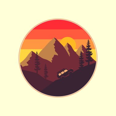 Dağlık bir arka plana karşı maceralı bir off-road arabasının çizimi