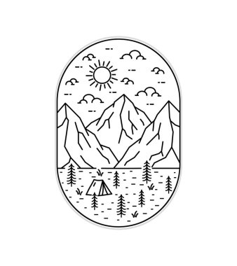 Dağların ve kamp çadırlarının mono çizgisi sanatı, rozet yaması grafiksel illüstrasyon, vektör sanat tişörtü tasarımı