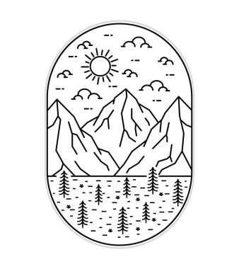 Mono çizgisi sanatında üç dağ ve savananın resmi, rozet yaması grafiksel illüstrasyon, vektör sanat tişörtü tasarımı