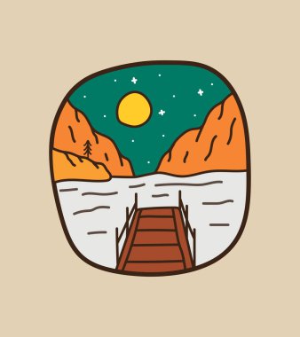 Bulutlu bir günde plajda ahşap bir rıhtım manzarası. Tişört tasarımı, yama amblemi tasarımı, akıllı telefon kılıfı.