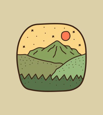 Tişört tasarımı, yama amblemi tasarımı, akıllı telefon kılıfı için pek çok yıldızlı dağ ve orman manzarası