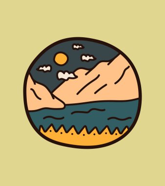 Bulutlu bir günde deniz ve tepe manzarası. Tişört tasarımı, tee tasarımı, yama rozet tasarımı.