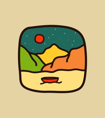 Tişörtler, rozetler, amblemler, bardaklar, bardaklar, akıllı telefon, iğneler ve diğer şeyler için gece denizde dağlar ve teknelerin tasarımı