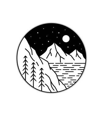 Dağları ve denizi gece tek sıra halinde görmek sanat, yama rozet tasarımı, amblem tasarımı, T-Shirt Tasarımı