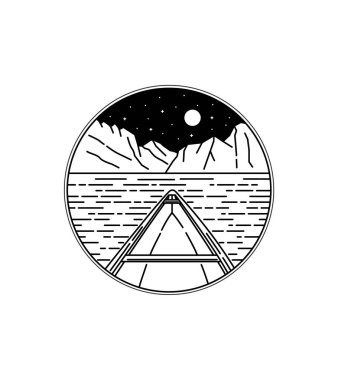 Geceleri kano ve adaların çizgi üzerindeki görüntüsü rozet yaması pim grafik illüstrasyon vektör sanat tişörtü tasarımı