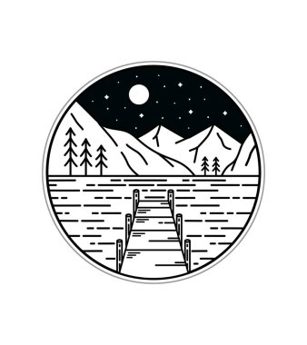 Gece yaban hattı rozet yama pin grafik illüstrasyon vektör sanat tişörtü tasarımı bir göl üzerinde ahşap iskele görüntüsü