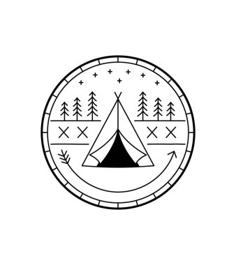 kamp çadırı mono çizgisi sanat, rozet, amblem, tişört vektörü, Tee Design