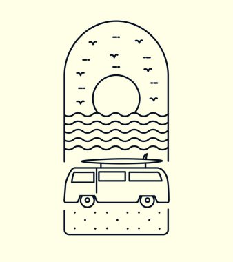 Plaj ve sörfçü araba tasarımı mono çizgisi sanat, yama rozet tasarımı, amblem tasarımı, T-Shirt Tasarımı