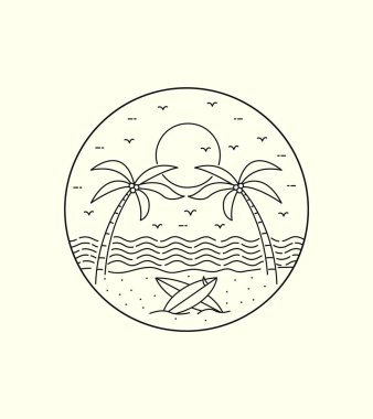 İki ikiz hindistan cevizi ağacı güzel bir sahilde mono çizgisi sanatı, yama rozeti tasarımı, amblem tasarımı, T-Shirt tasarımı