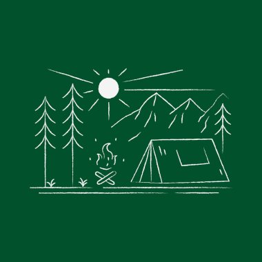 Dağların ve kampın mono çizgisi, yama rozeti tasarımı, amblem tasarımı, T-Shirt Tasarımı