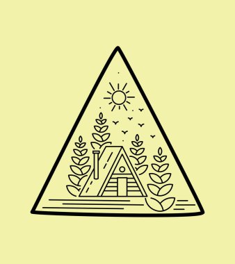 Lodge Design in the middle of the forest in monoline art style, rozet tasarımı, T-shirt Art, Tee Design