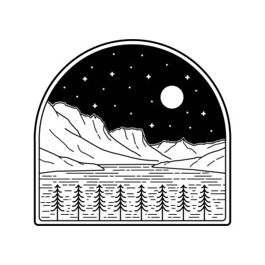 Montana Buzul Ulusal Parkı 'ndaki St. Mary Gölü' nün resmi. Rozetler, amblemler, yamalar, tişörtler vs. için mono çizgisi tarzında..