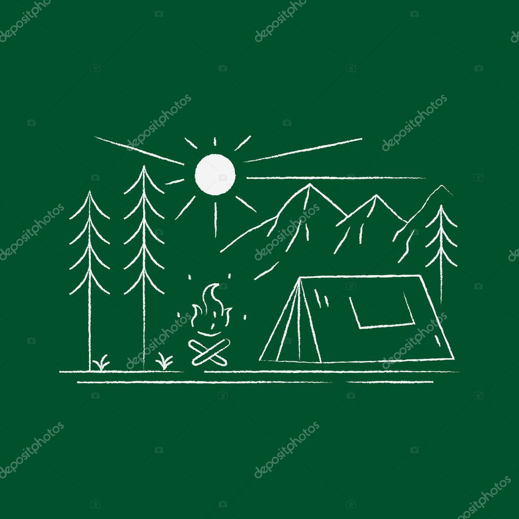 Landscape design of mountains and camp in mono line art, patch badge design, emblem design, T-Shirt Design
