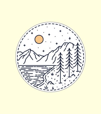 Gece Grand Teton Ulusal Parkı Mono Line Art, Rozet vektör çizimi, Tişört Sanatı, Tasarım Vektörü