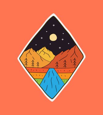 Rozet tasarımı, amblem, tişört sanatı ve Tee tasarımı için geceleri dağ kampı gölünün tasarım vektörü.