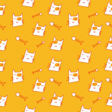 Sevimli Çizgi film Kedi Vektör Simgeleri, Kusursuz Desen ve Arkaplan