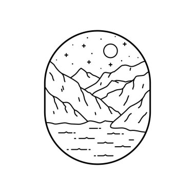 Arnavut komani gölü manzara vektör tasarımı mono çizgisi sanatı, rozet yaması iğne grafiği illüstrasyonu, vektör sanat tişörtü tasarımı