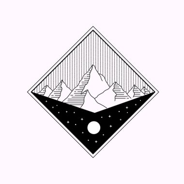 Bir dağ ve yıldızların açık hava tasarımı mono çizgi sanatı, yama rozet tasarımı, amblem tasarımı, T-Shirt Tasarımı