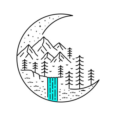 Kamp tasarımı vektörü. Vahşi yaşam doğa vektörü. Hilal ay vektörü. mono line sanat vektöründe