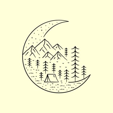 Kamp tasarımı vektörü. Vahşi yaşam doğa vektörü. Hilal ay vektörü. mono line sanat vektöründe