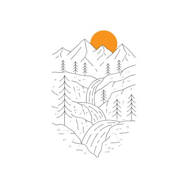Dağları ve teraslı şelaleyi tek sıra sanat, yama rozet tasarımı, amblem tasarımı, T-Shirt tasarımı