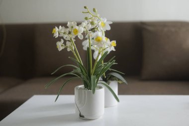 Vazodaki güzel çiçekler beyaz masada.