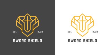 Kılıç zırhı logosu çizimi. Yaratıcı ikon vektör silueti basit düz sembol. Geometrik monogram silahı. Ortaçağ krallığından eski bir savaşçı. Klasik minimalist savaş ekipmanları.