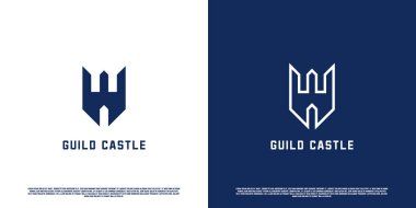Kale için W harfli logo tasarımı. W mavi şatosu tuğla kule loncası krallığının silueti. Basit bir ortaçağ yapı şablonu. Şirket markalaşması için mükemmel.