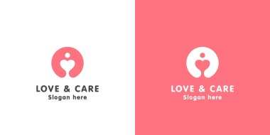 Bebek logosu anne sevgisi logosunu sever. Kadın silueti. Anne bebeğe daire şeklinde sarılıyor. Basit düz tasarım biçimi.