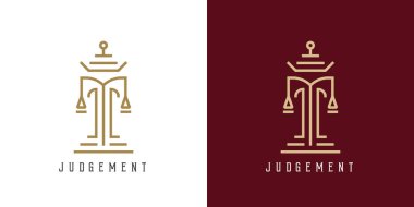 Yargı mahkemesi logosu tasarımı. Basit düz siluet geometrik şekilli minimalist yaratıcı modern adalet ceza mahkemesi. Noter avukatına uygun yasal iş simgesini yargıla.