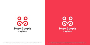 Aşk çifti logo tasarımı çizimi. Arkadaşlarının siluetleri, sevgilileri, tanıdıkları çiftler, sevgi dolu kalp sevgisini severler. Basit minimalist süslü sembol konsepti, şirin, sevimli sevgililer günü.