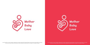 Anne çocuk logo tasarımı çizimi. Soyut, yaratıcı karakter silueti anne, bebek bebek, aşk kalp sevgisi şeklinde. Modern, mutlu aile ebeveynliği aile ikonu şablonu.