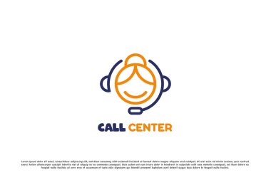 Kadın çağrı merkezi logo tasarımı çizimi. Düz siluet insan kafası, kulaklık takan kulaklık takan kulaklık iletişimi sohbet raporu. Modern basit minimalist erkek simgesi.