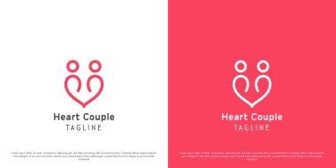 Kalp çiftleri için romantik logo tasarımı çizimi. Erkek siluetleri, kadın mutlu çift sevgilileri, sevgi dolu sevgililer. Yaratıcı soyut minimalist basit simge konsepti.