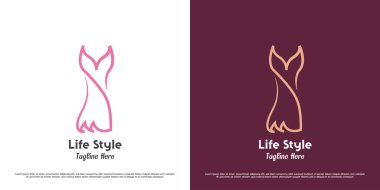 Kıyafet moda logosu tasarımı çizimi. Kıyafetlerin siluetleri şık bir hayat tarzı olan butik mağazasında çalışan kadınları süslüyor. Çizgi sanatı minimalist cazibe lüks kadın fantezisi.