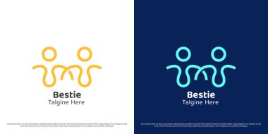 Arkadaşlık eşi soyut logo tasarımı çizimi. İki arkadaş el ele tutuşup eğleniyorlar. Neşeli ikon sembolü. Modern, basit, asgari geometrik insanlar. Açık hava çocukları, aile dostu..