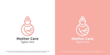 Annenin elinde bebek logosu tasarımı çizimi var. Anne, bebeğe kucak açıyor, oğul, doğum bakımı. Asgari doğrusal simge şefkat, naziklik, kadınsı anne-baba mutluluğu..