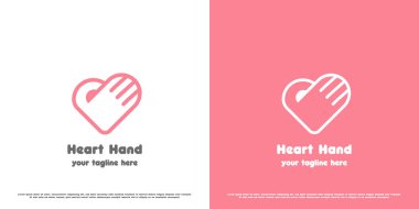 Soyut kalp el logosu çizimi. Kalp şeklindeki el hareketlerinin silueti sevgi ve sevgi dolu yardımseverliğin insanlara destek olmasına yardımcı olur. Minimum tasarım sembolü basit geometrik pembe nazikçe bebeği kucakla.
