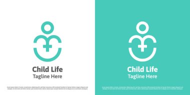 Çocuk sağlığı logosu tasarımı çizimi. Siluet artı çapraz insanlar tıbbi bakım destek klinik ebesi. Modern asgari soyut doğrusal çizgi basit simge sembolü.